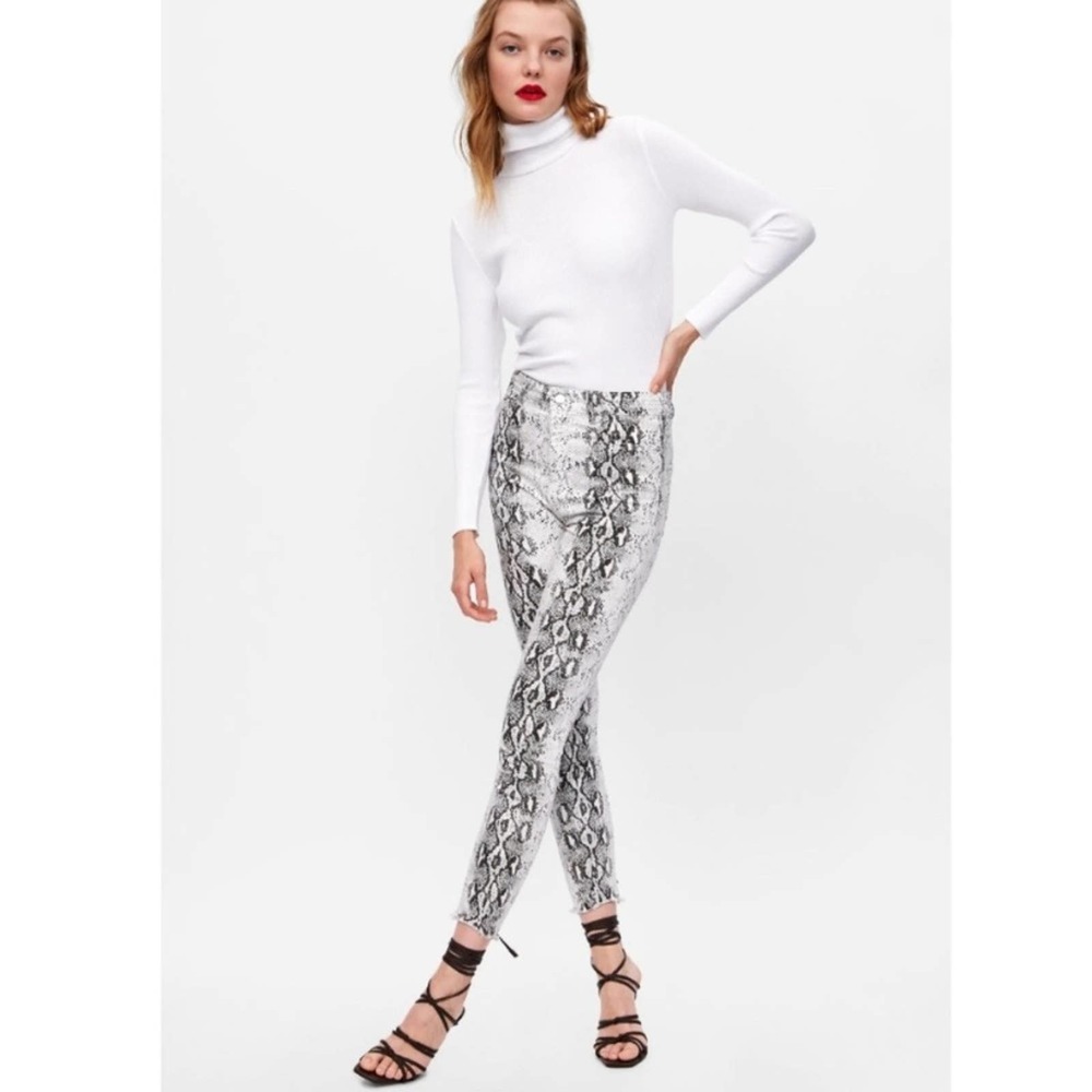 Zara Snake Print High Rise Raw Hem Skinny Jeans